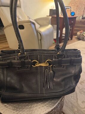 Coach Black Pebbled Leather Hampton Shoulder Bag with Brass Hardware